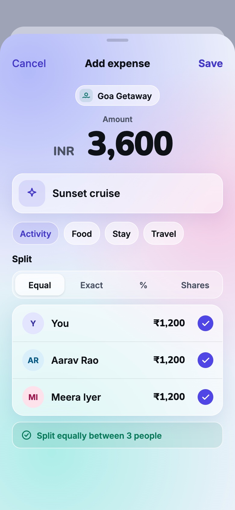 Split Money's Add expense sheet for Goa Getaway: a ₹3,600 Sunset cruise in the Activity category, split equally so You, Aarav Rao, and Meera Iyer each owe ₹1,200.