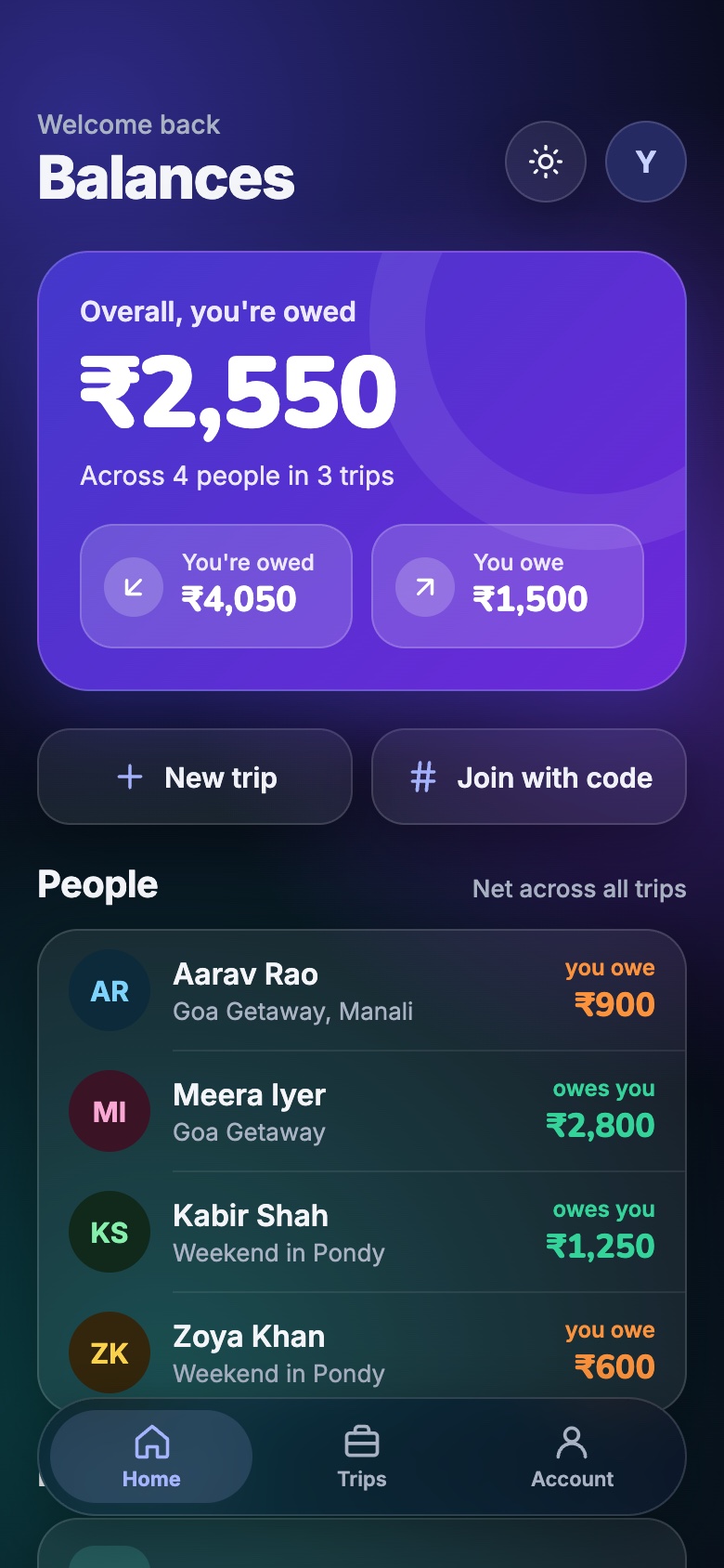 Split Money's Balances home screen in dark mode, with the same ₹2,550 overall and the same four friends' net balances.